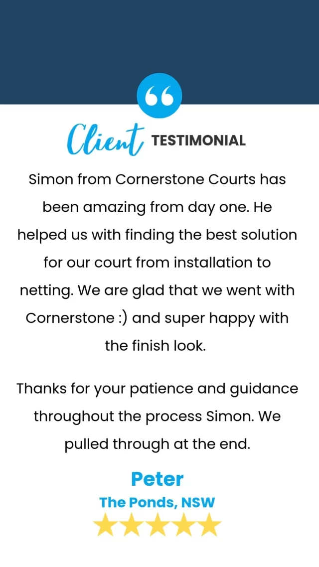 We’re so grateful for the wonderful feedback from Peter! It was a pleasure working with him to create the perfect solution for his backyard court. We’re thrilled to hear he’s happy with the final result and that our team was able to guide him throughout the DIY process. 

At Cornerstone Courts, we take pride in delivering quality service and custom court solutions tailored to our clients’ needs. Visit our website for more information on how you can have a custom court in your own backyard!

#cornerstonecourts #basketballcourt #backyarddesign #CourtBuilders #activeliving #outdoorliving